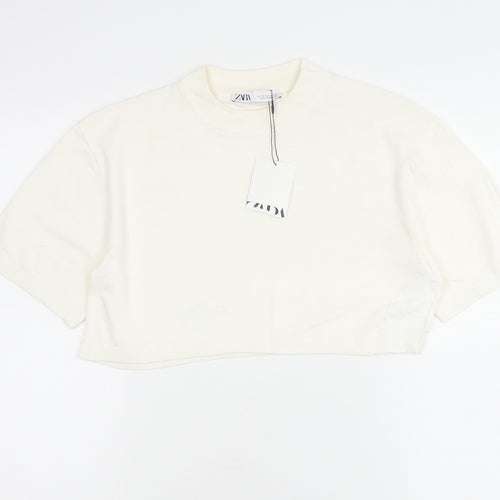 Zara Women Ivory Cropped Cotton T-Shirt Size S Short Sleeve