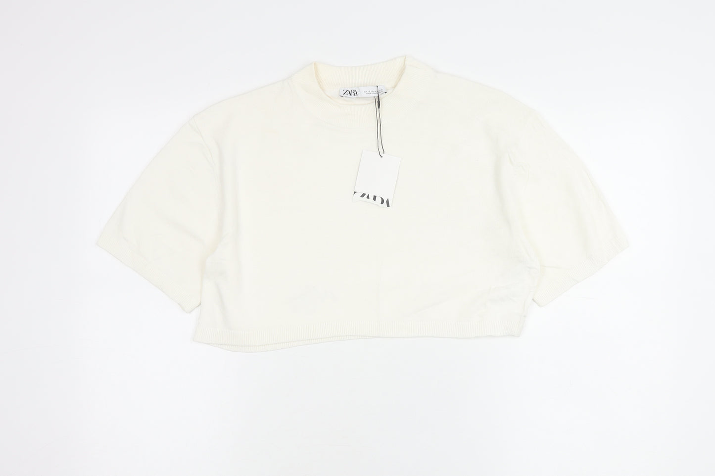 Zara Women Ivory Cropped Cotton T-Shirt Size S Short Sleeve