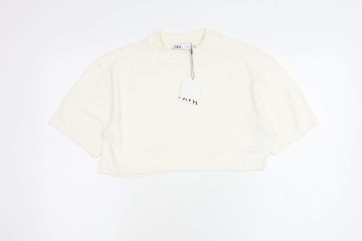 Zara Women Ivory Cropped Cotton T-Shirt Size S Short Sleeve