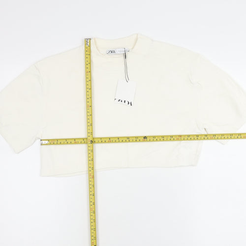 Zara Women Ivory Cropped Cotton T-Shirt Size S Short Sleeve