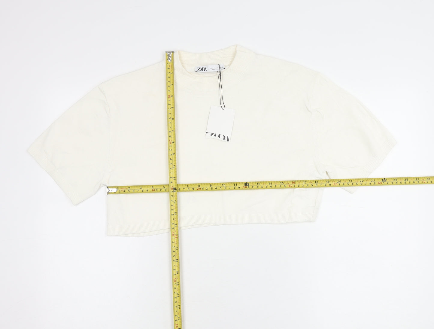 Zara Women Ivory Cropped Cotton T-Shirt Size S Short Sleeve