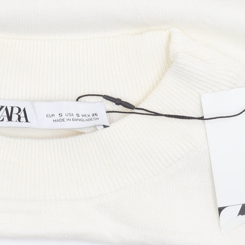 Zara Women Ivory Cropped Cotton T-Shirt Size S Short Sleeve