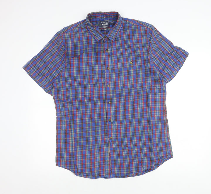 Topman Men’s Blue Check Cotton Button-Up Shirt L Classic Fit