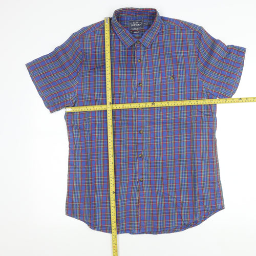 Topman Men’s Blue Check Cotton Button-Up Shirt L Classic Fit