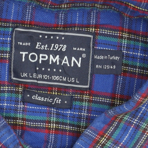 Topman Men’s Blue Check Cotton Button-Up Shirt L Classic Fit