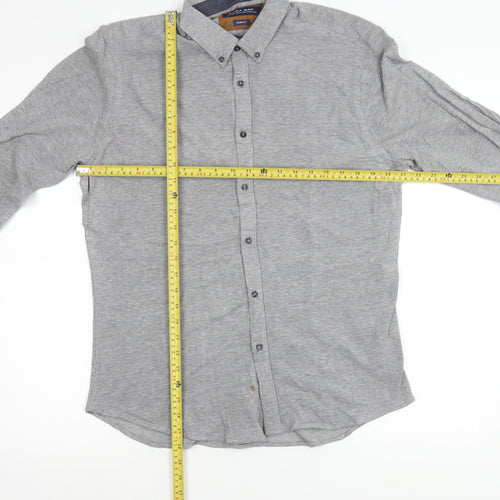 Zara Man Mens Grey Slim Fit Long Sleeve Polo Shirt Size L Cotton
