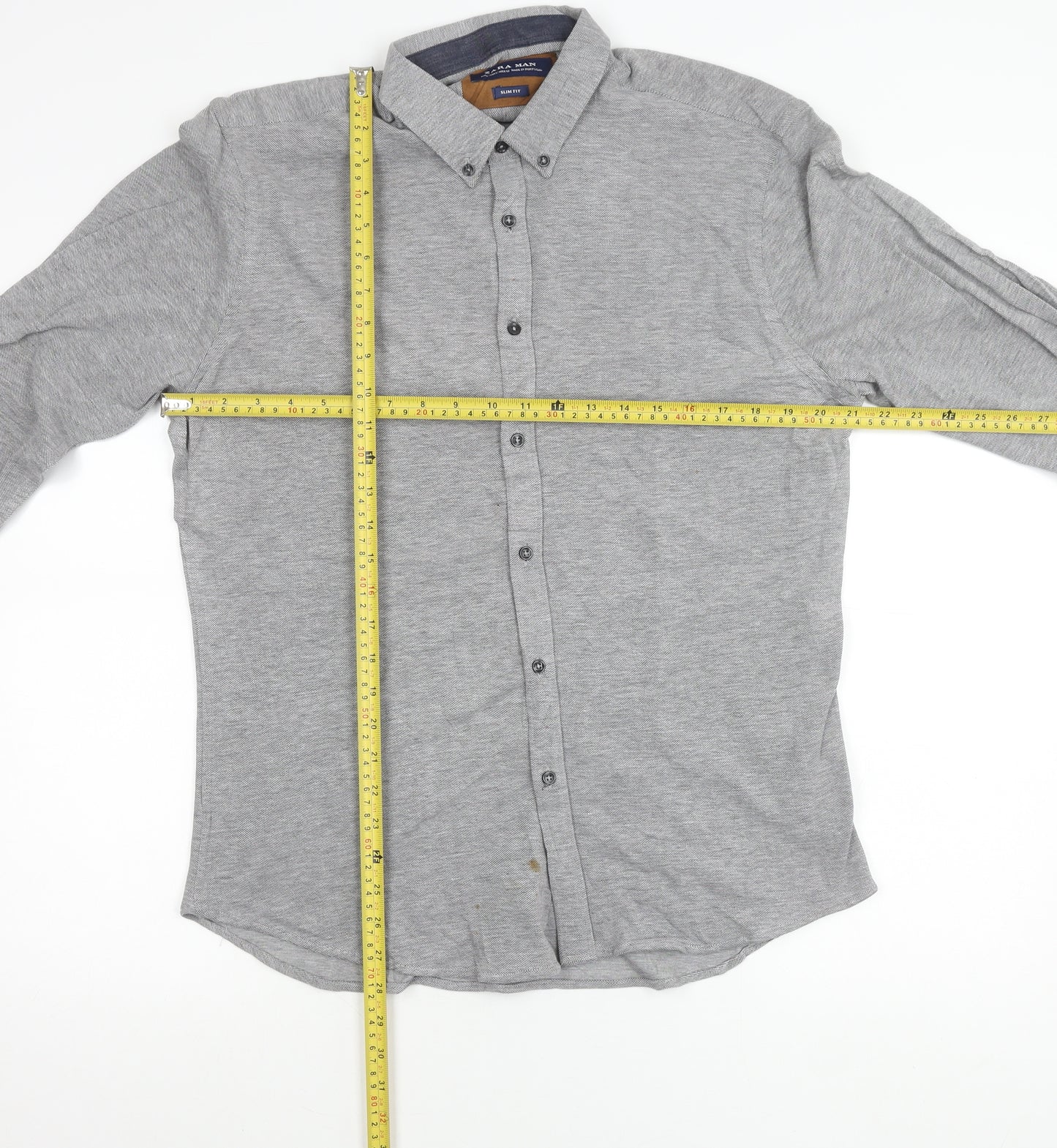 Zara Man Mens Grey Slim Fit Long Sleeve Polo Shirt Size L Cotton