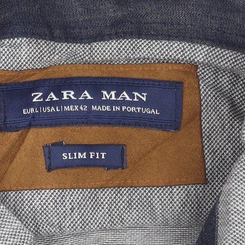 Zara Man Mens Grey Slim Fit Long Sleeve Polo Shirt Size L Cotton