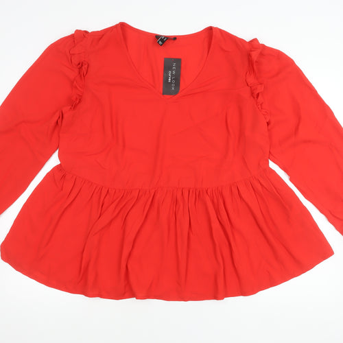 New Look Women Red Blouse Size 18 Curve Ruffle V-Neck Long Sleeve