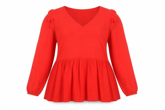 Front view of New Look Women Red Blouse, size 18, Curve Ruffle V-Neck Long Sleeve