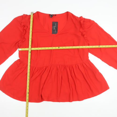 New Look Women Red Blouse Size 18 Curve Ruffle V-Neck Long Sleeve