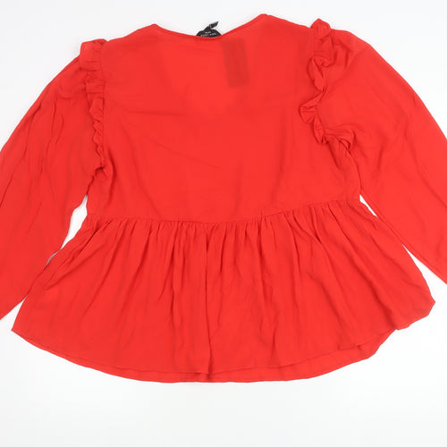 New Look Women Red Blouse Size 18 Curve Ruffle V-Neck Long Sleeve