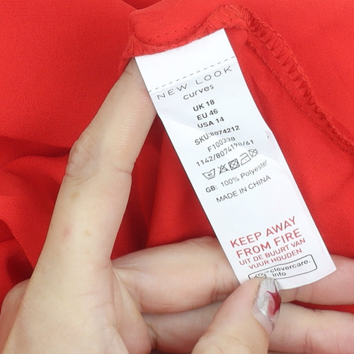 New Look Women Red Blouse Size 18 Curve Ruffle V-Neck Long Sleeve