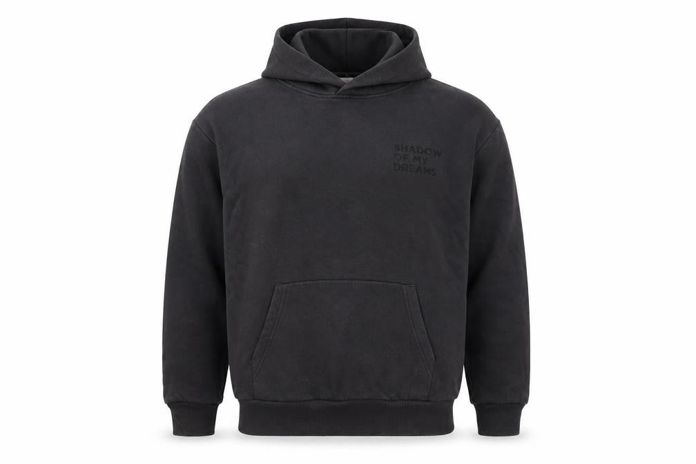 Front view of New Balance men’s black pullover hoodie, size M, long sleeve graphic
