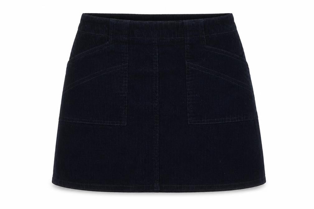 Front view of BDG Women's Blue Corduroy Mini Skirt, size S, Zip Pockets