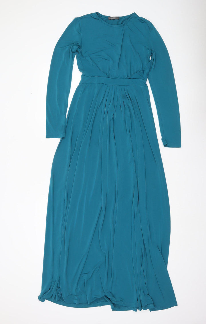 Poplook Women Blue Long Sleeve Maxi Dress Size S Pleated