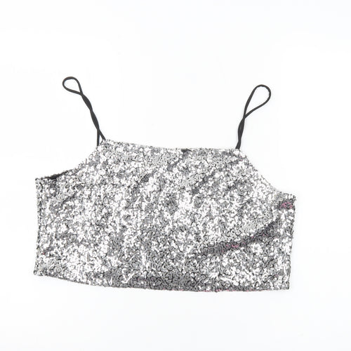 Monki Women’s Silver Sequin Camisole Tank Top Size L Party Clubwear
