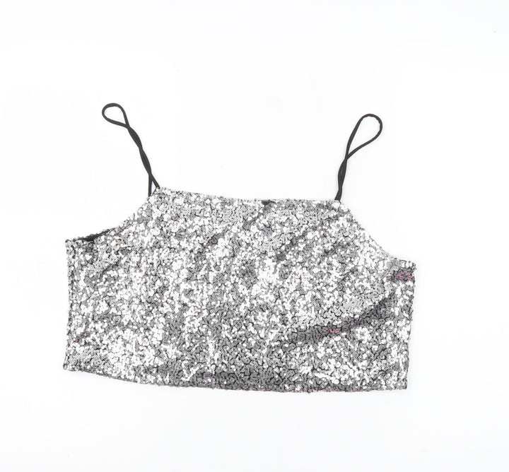 Monki Women’s Silver Sequin Camisole Tank Top Size L Party Clubwear