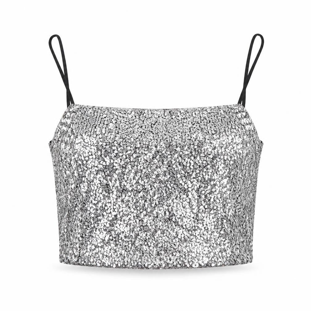Monki Women’s Silver Sequin Camisole Tank Top Size L Party Clubwear