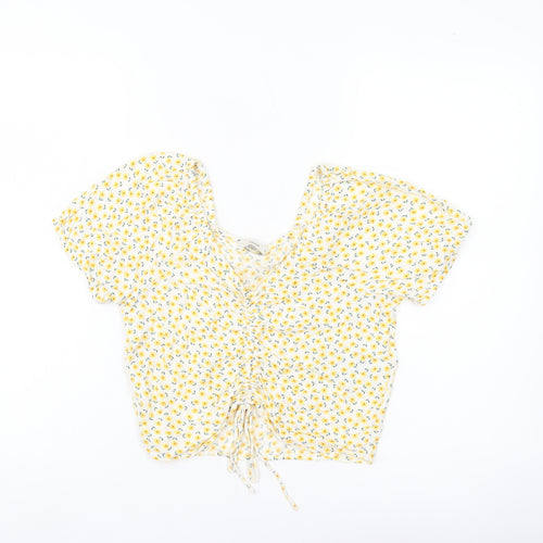 Pigalle Women’s Yellow Floral Cropped Blouse Top Size S Viscose Summer