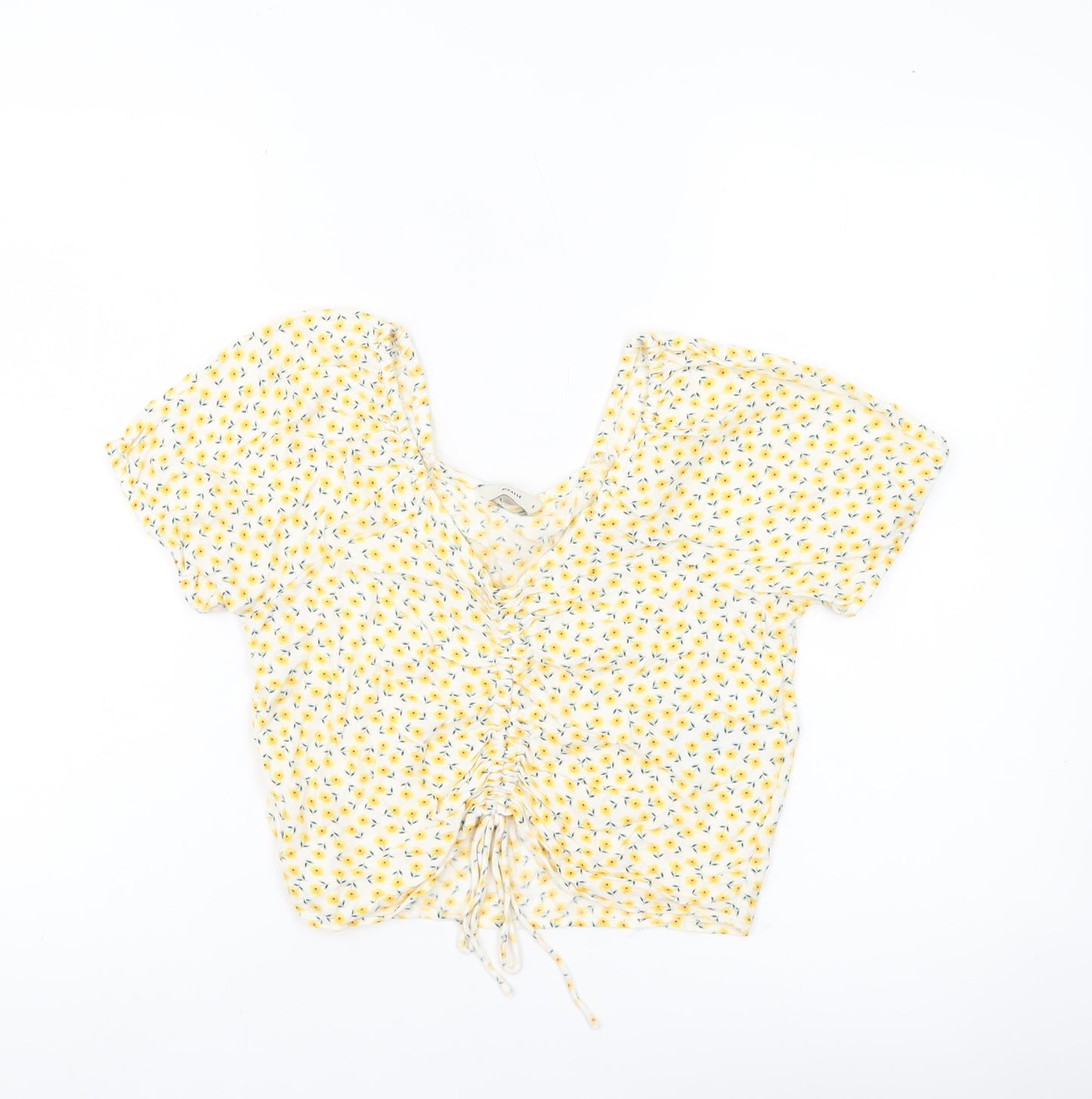 Pigalle Women’s Yellow Floral Cropped Blouse Top Size S Viscose Summer