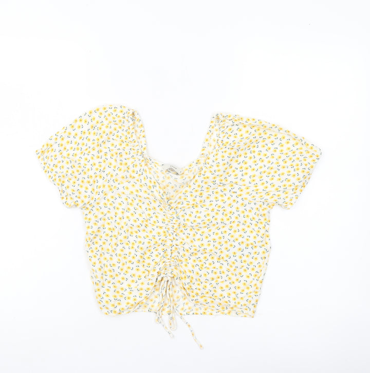 Pigalle Women’s Yellow Floral Cropped Blouse Top Size S Viscose Summer