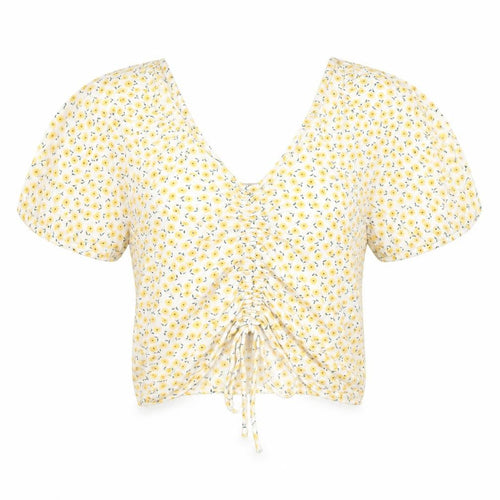 Pigalle Women’s Yellow Floral Cropped Blouse Top Size S Viscose Summer
