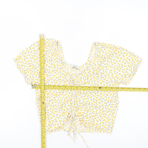 Pigalle Women’s Yellow Floral Cropped Blouse Top Size S Viscose Summer