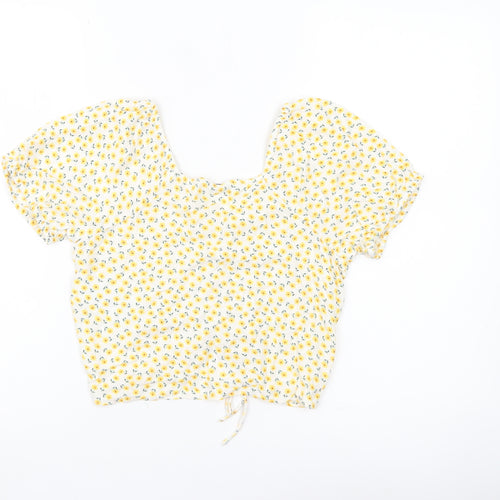 Pigalle Women’s Yellow Floral Cropped Blouse Top Size S Viscose Summer
