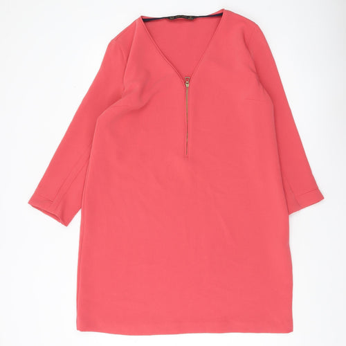 Zara Women Pink Shift Dress XL V-Neck 3/4 Sleeve Zip Detail