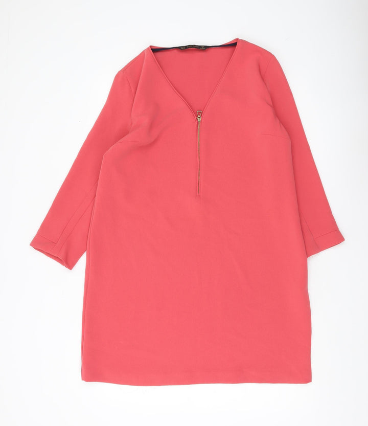 Zara Women Pink Shift Dress XL V-Neck 3/4 Sleeve Zip Detail
