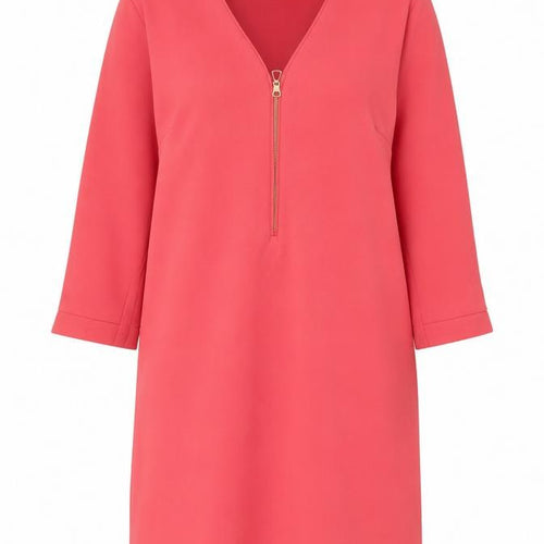 Zara Women Pink Shift Dress XL V-Neck 3/4 Sleeve Zip Detail
