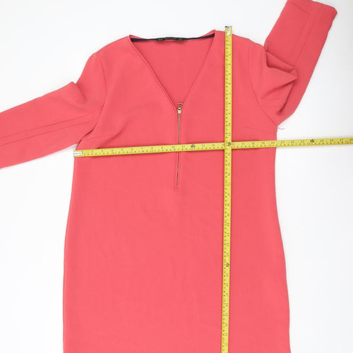 Zara Women Pink Shift Dress XL V-Neck 3/4 Sleeve Zip Detail