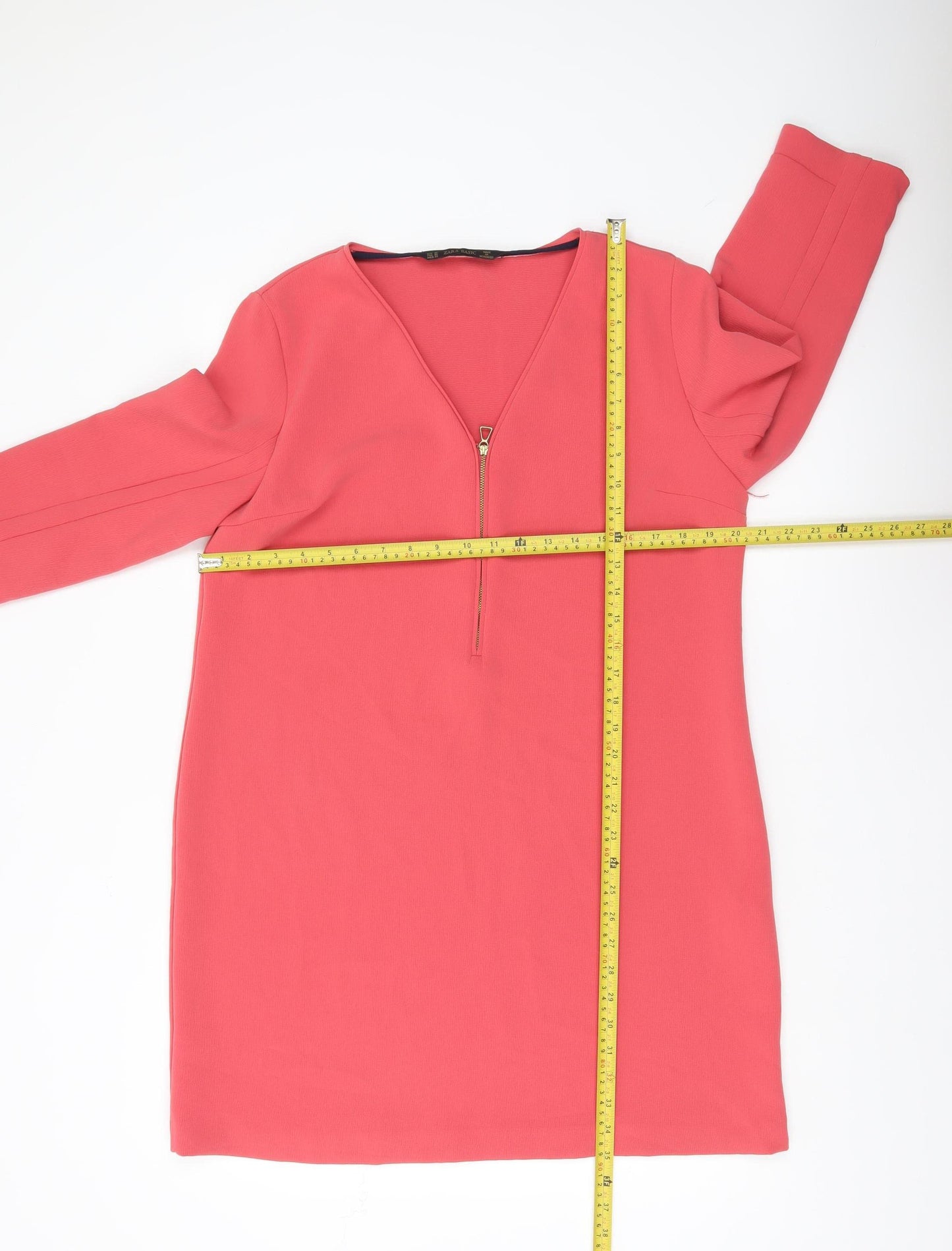 Zara Women Pink Shift Dress XL V-Neck 3/4 Sleeve Zip Detail