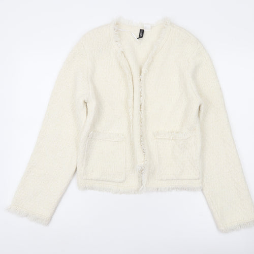 H&M Divided Women’s Ivory Cardigan Size 8 Open Knit Fringe Pockets
