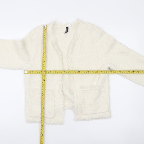 H&M Divided Women’s Ivory Cardigan Size 8 Open Knit Fringe Pockets