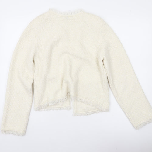 H&M Divided Women’s Ivory Cardigan Size 8 Open Knit Fringe Pockets