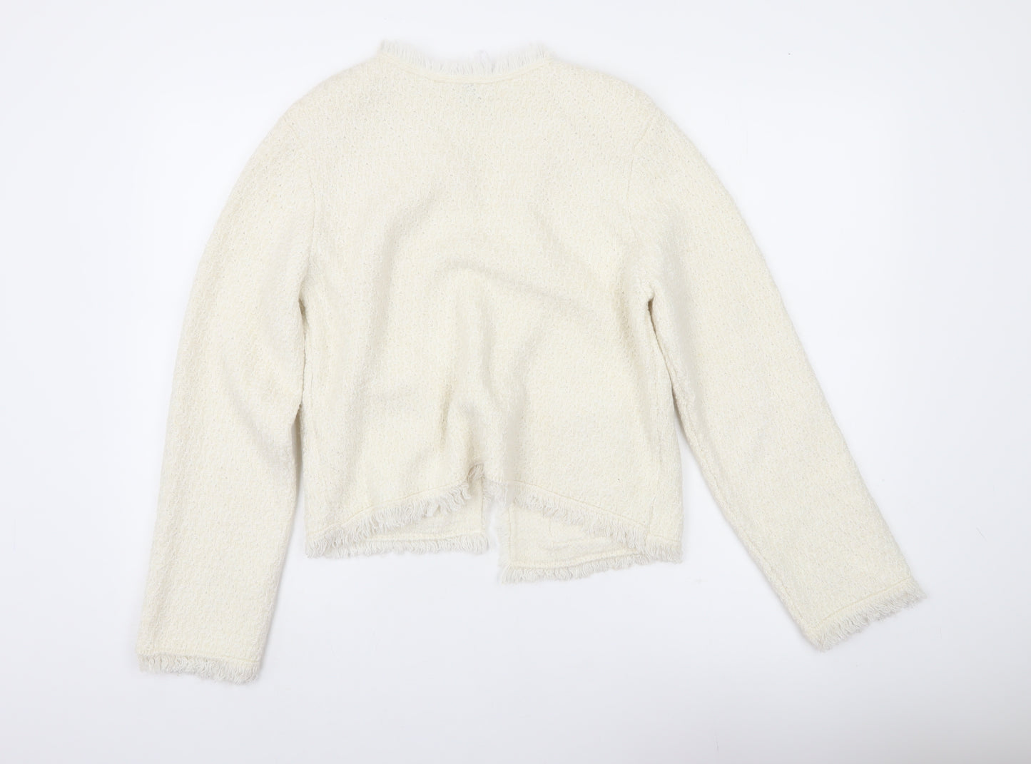 H&M Divided Women’s Ivory Cardigan Size 8 Open Knit Fringe Pockets