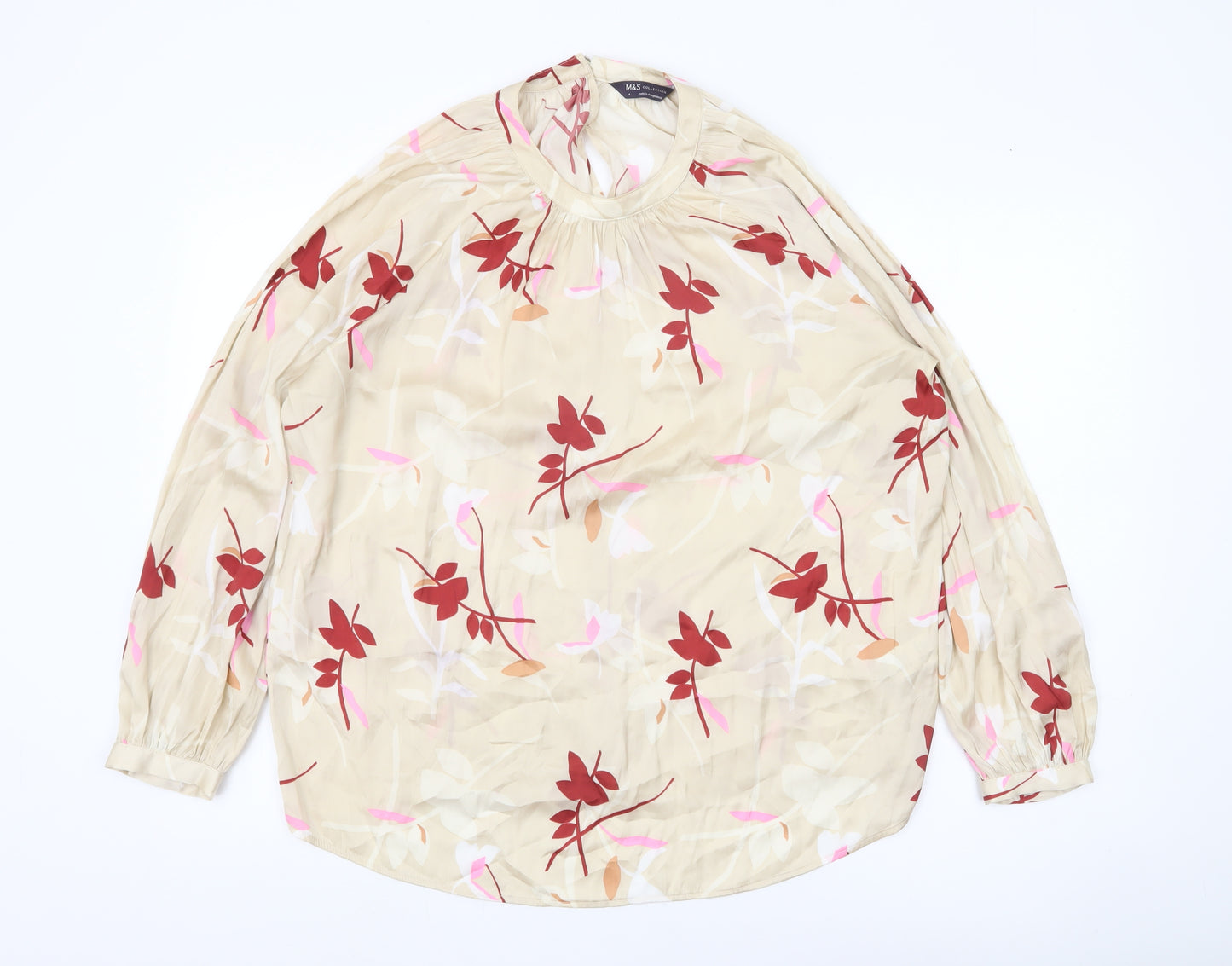 Marks and Spencer Women’s Beige Floral Blouse Size 14 Long Sleeve
