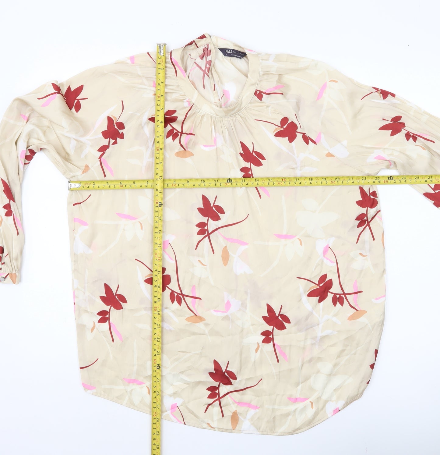 Marks and Spencer Women’s Beige Floral Blouse Size 14 Long Sleeve