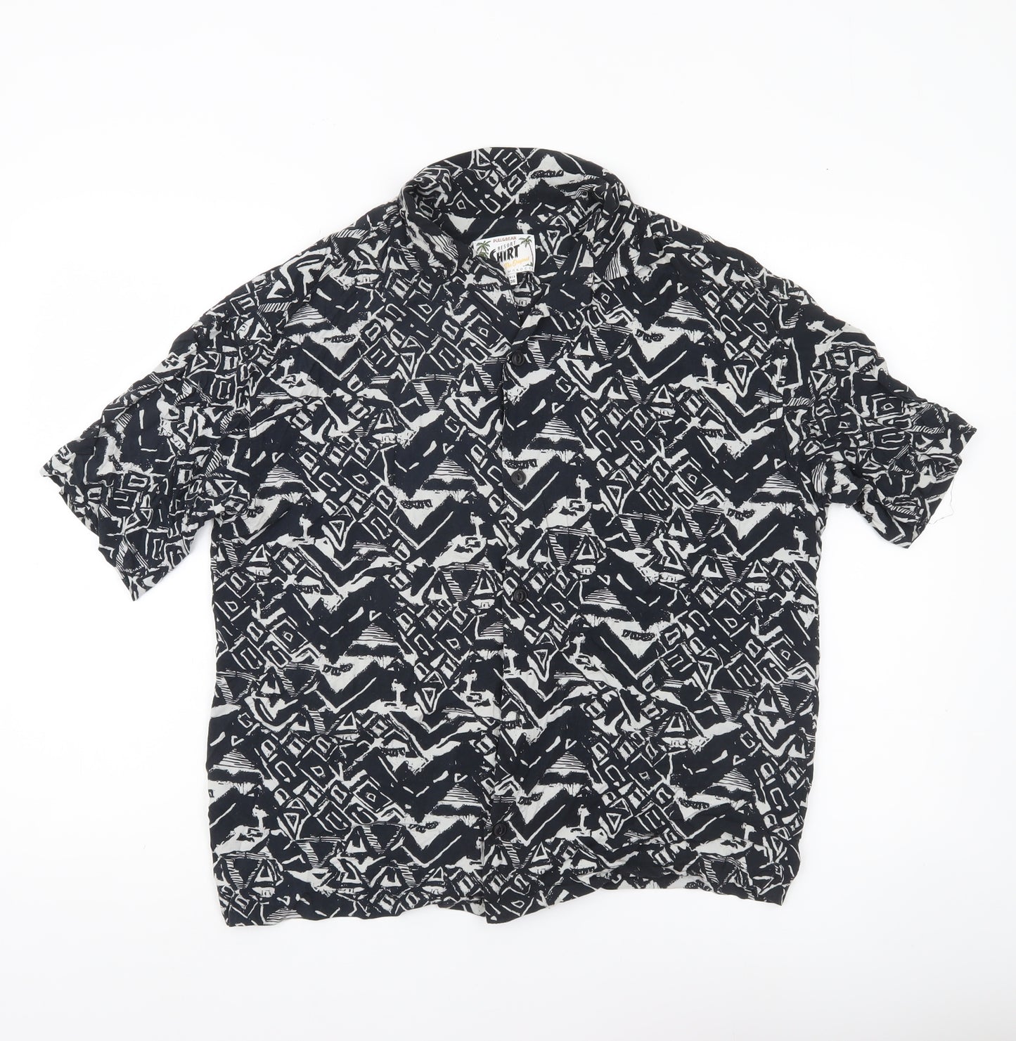 Pull & Bear Men’s Black Geometric Resort Shirt S Short Sleeve Viscose