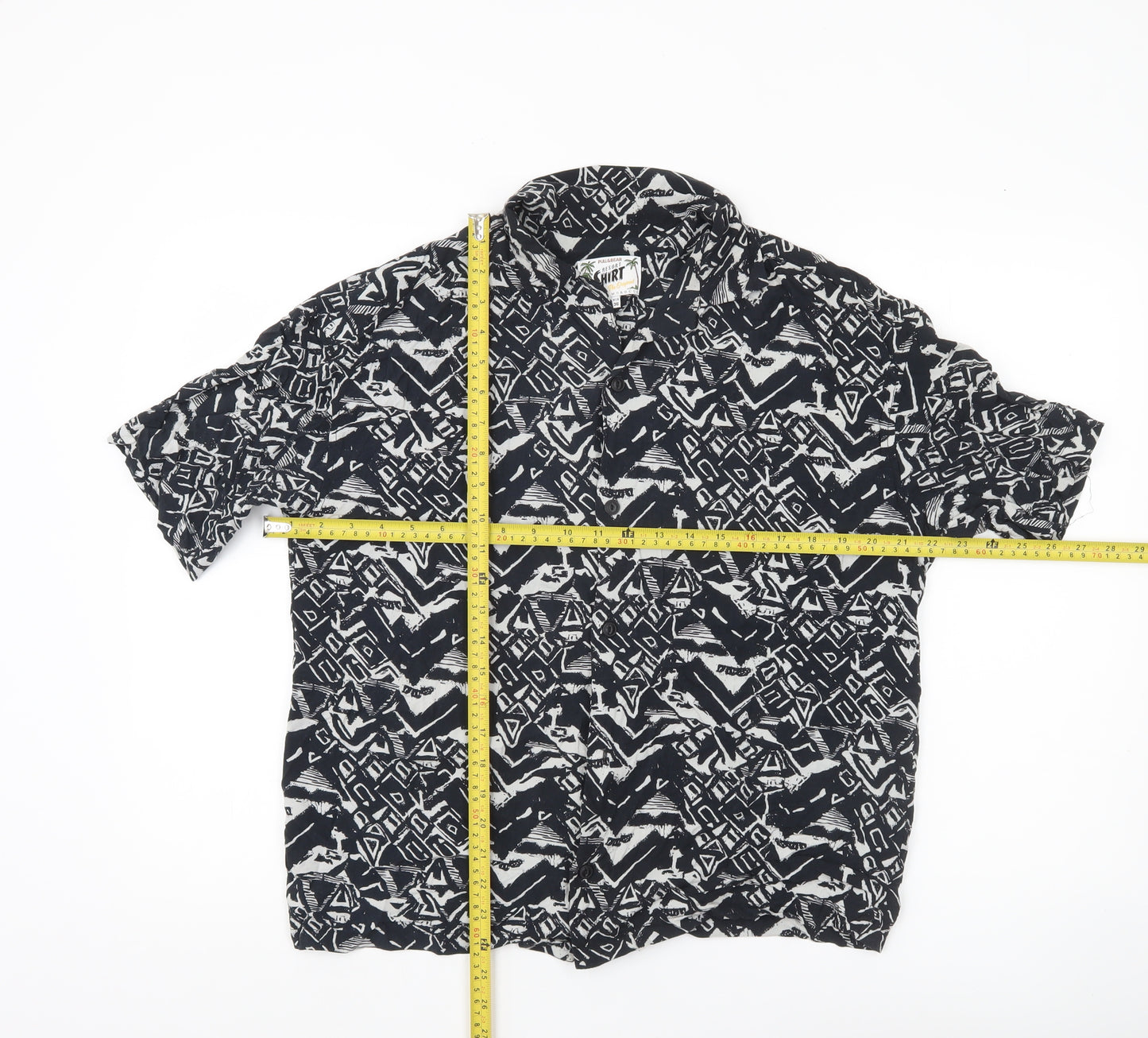 Pull & Bear Men’s Black Geometric Resort Shirt S Short Sleeve Viscose