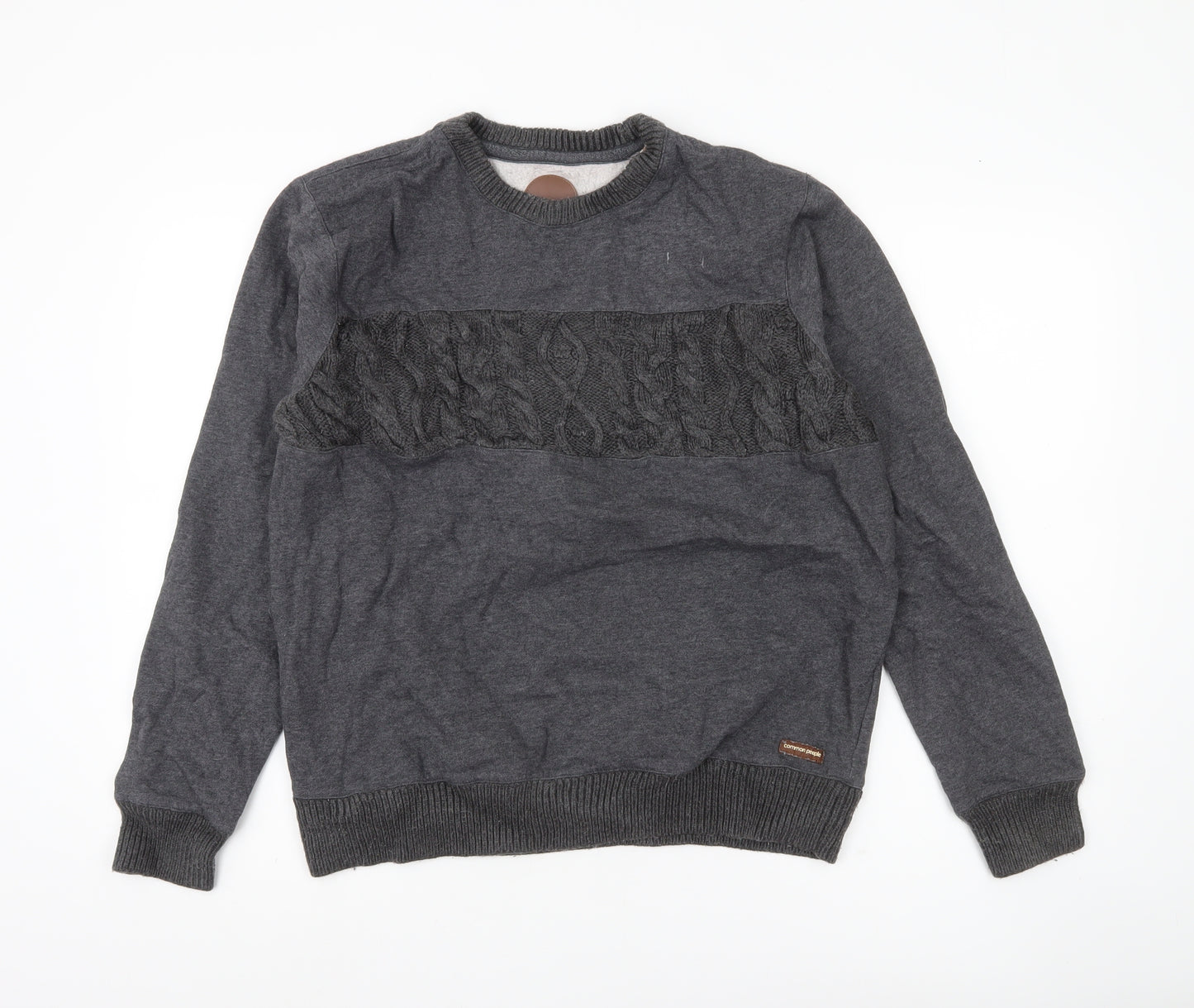 Common People Men’s Grey Pullover Sweatshirt M Cable Knit Panel