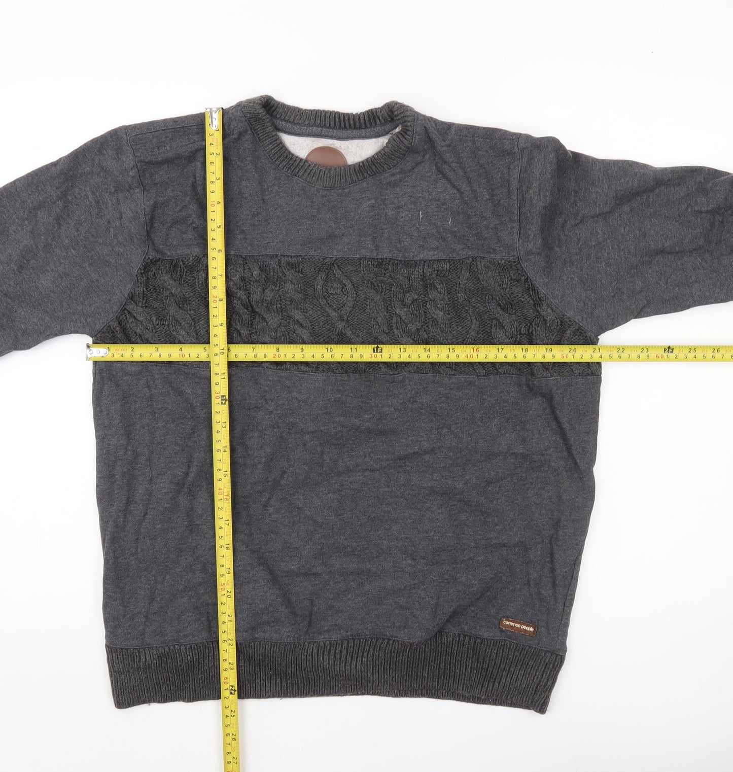 Common People Men’s Grey Pullover Sweatshirt M Cable Knit Panel