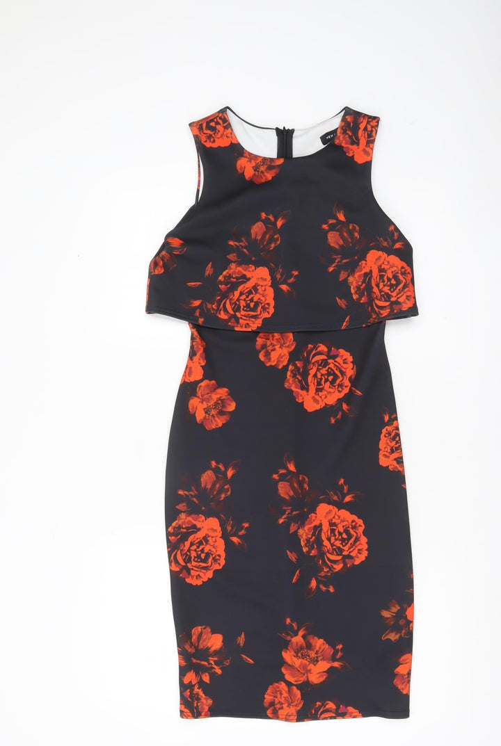 New Look Women's Black Red Floral Bodycon Dress Size 8 Sleeveless