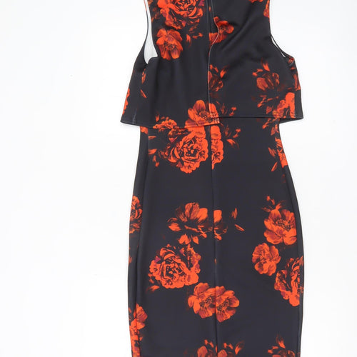 New Look Women's Black Red Floral Bodycon Dress Size 8 Sleeveless