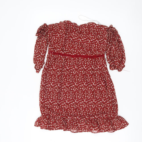 NAANAA Women's Red Floral Puff Sleeve Bodycon Dress UK 8