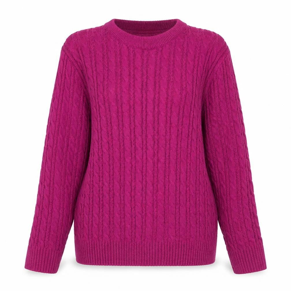 Front view of Pure & Natural women’s purple cable-knit jumper, size UK 2, m/l