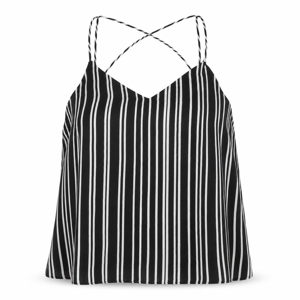 Front view of H&M women’s black striped camisole tank top, size UK 12