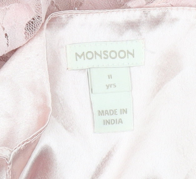 Monsoon Girls Pink Lace A-Line Party Dress 11 Years Sleeveless V-Neck